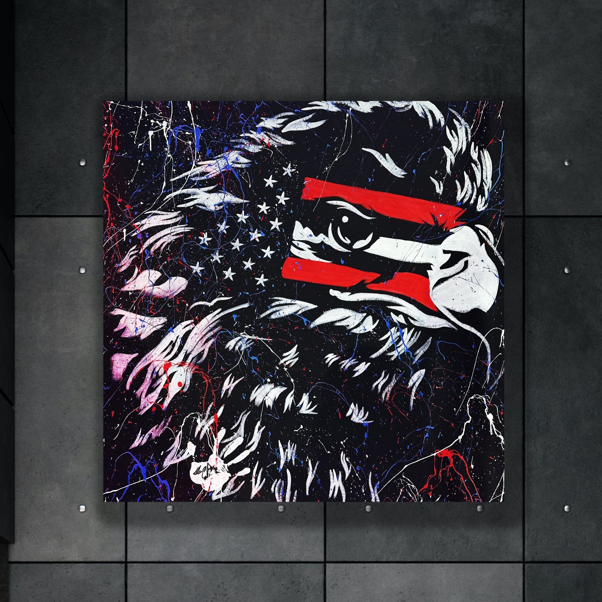 Hand-painted american eagle eagle artwork with American flag detailing by Tom Varano. Patriotic 48x48 canvas featuring red, white, and blue splatter design.
