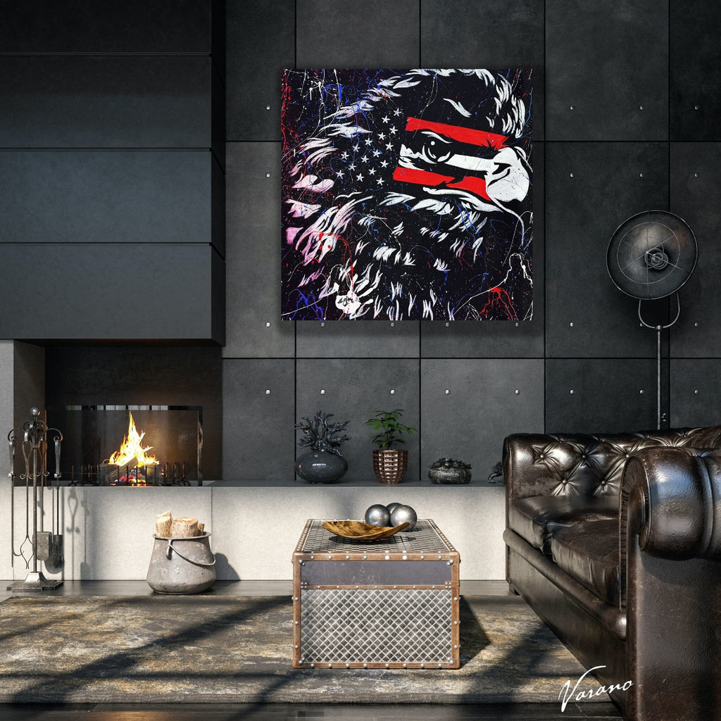 Hand-painted american eagle artwork with American flag detailing by Tom Varano. Patriotic 48x48 canvas featuring red, white, and blue splatter design.