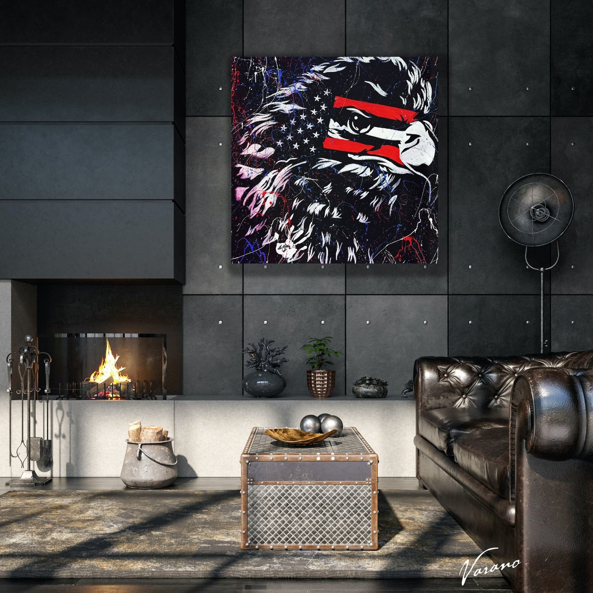 Hand-painted american eagle artwork with American flag detailing by Tom Varano. Patriotic 48x48 canvas featuring red, white, and blue splatter design.