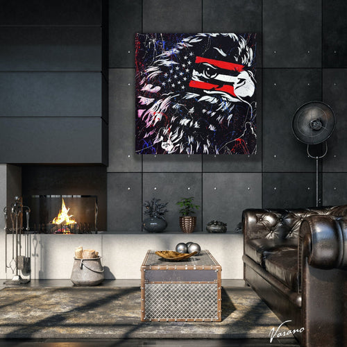 Hand-painted american eagle artwork with American flag detailing by Tom Varano. Patriotic 48x48 canvas featuring red, white, and blue splatter design.