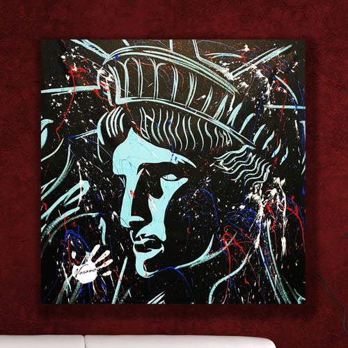 Statue of Liberty modern wall art by patriotic artist Tom Varano featuring bold red, white, and blue splatter paint on black canvas background.