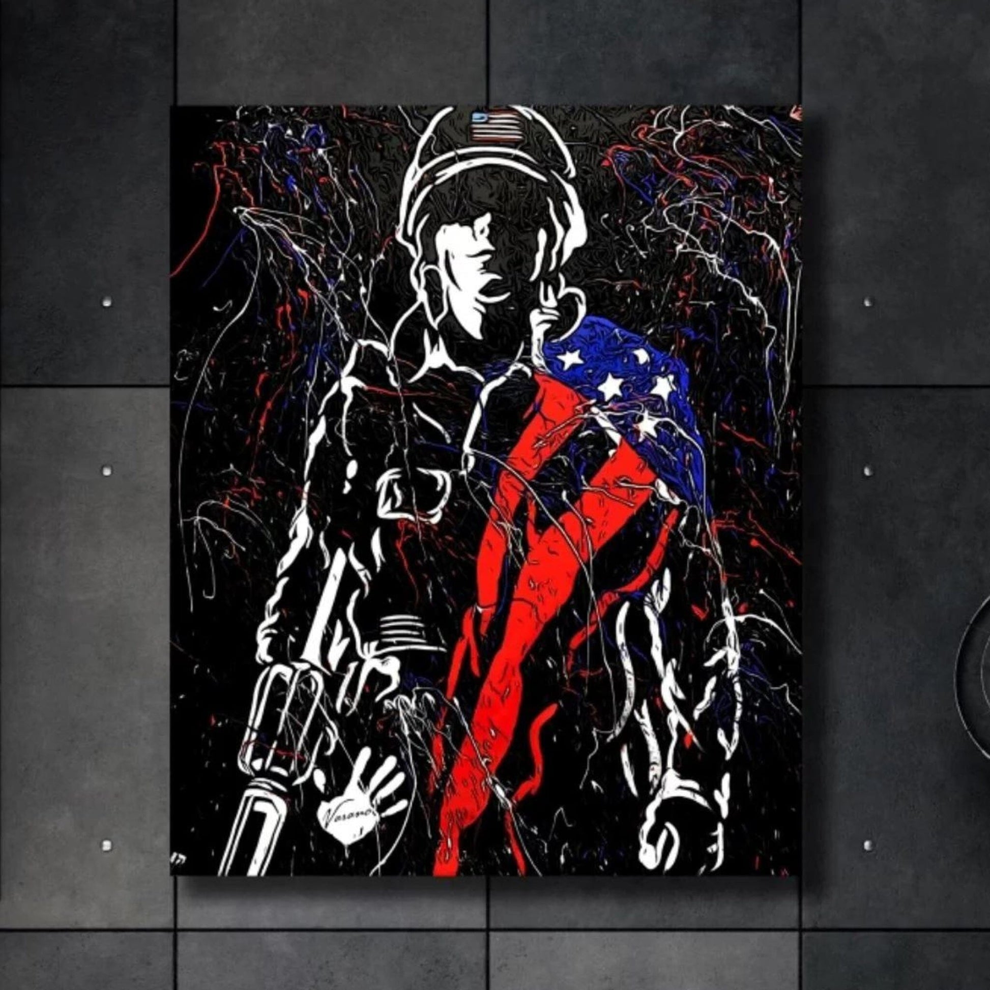 Hand-painted canvas of an American soldier draped in a red, white, and blue flag by artist Tom Varano – patriotic wall art tribute.